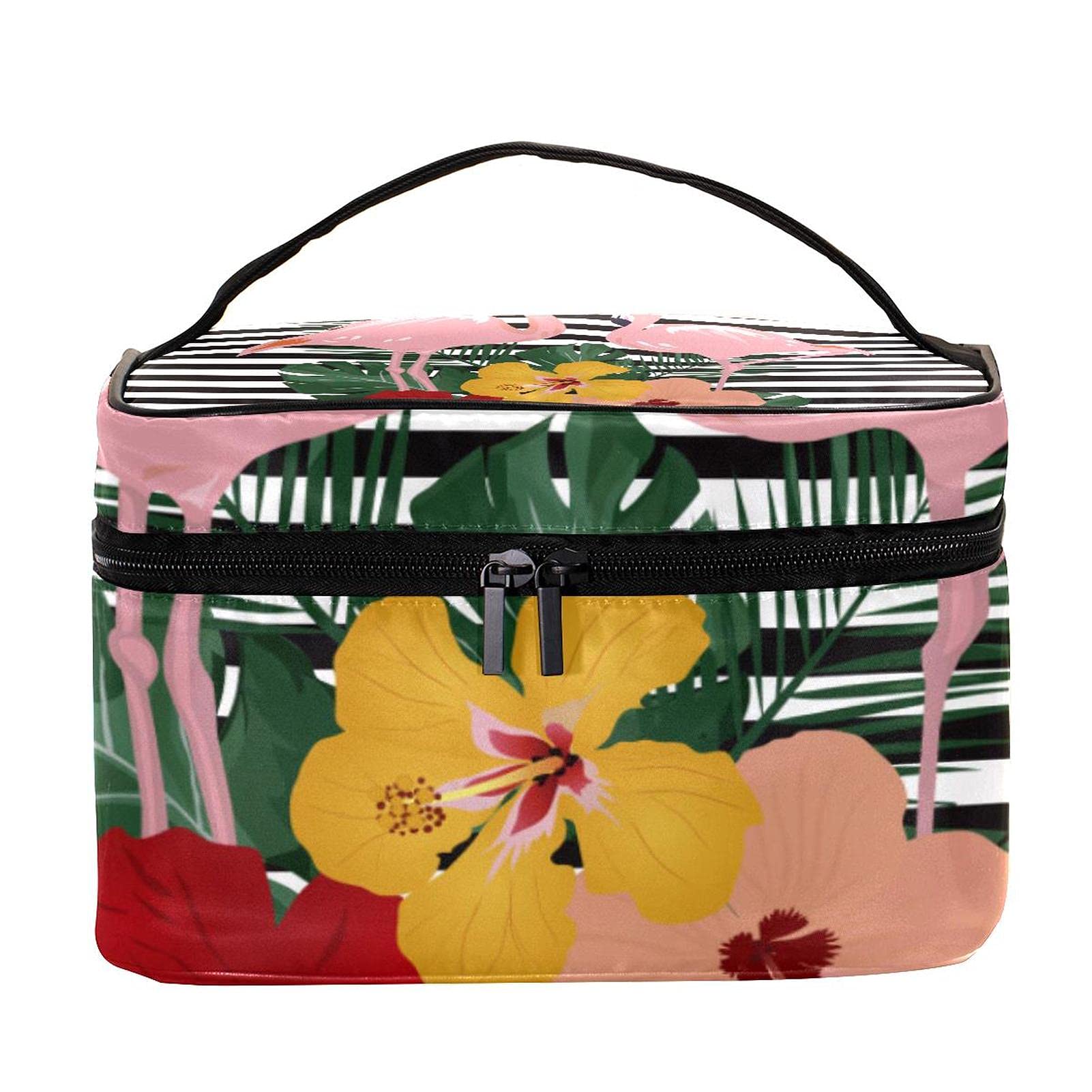 Pink Flamingo & Stripes Large Travel Makeup Bag - Waterproof Cosmetic Organizer with Zipper for Women & Girls | Perfect for Vacations, Beach Trips & Gym Essentials