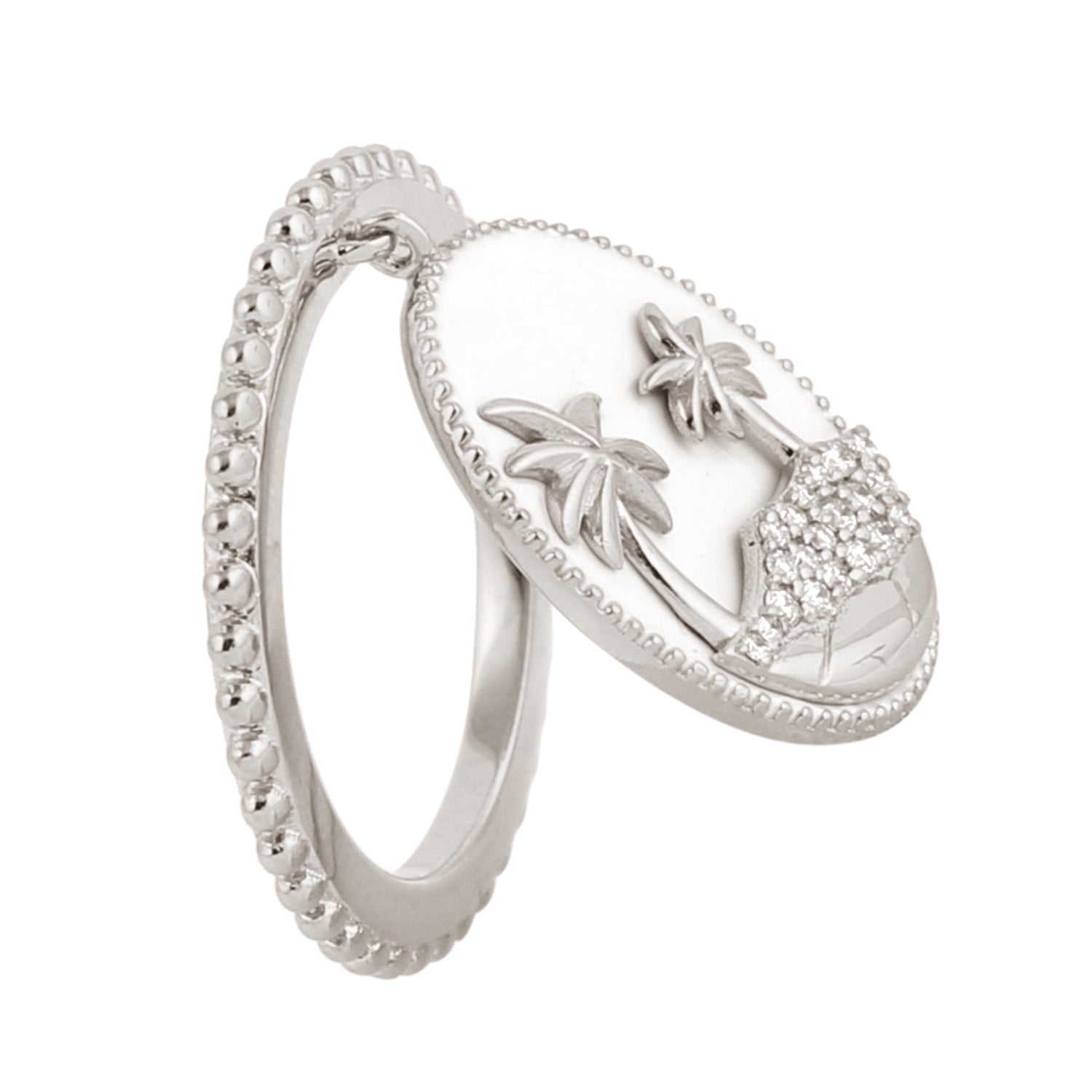 18k White Gold Micro Pave Diamond Coconut Tree Beach Charm Ring - Tropical Jewelry for Vacation, Summer Parties & Beach Weddings