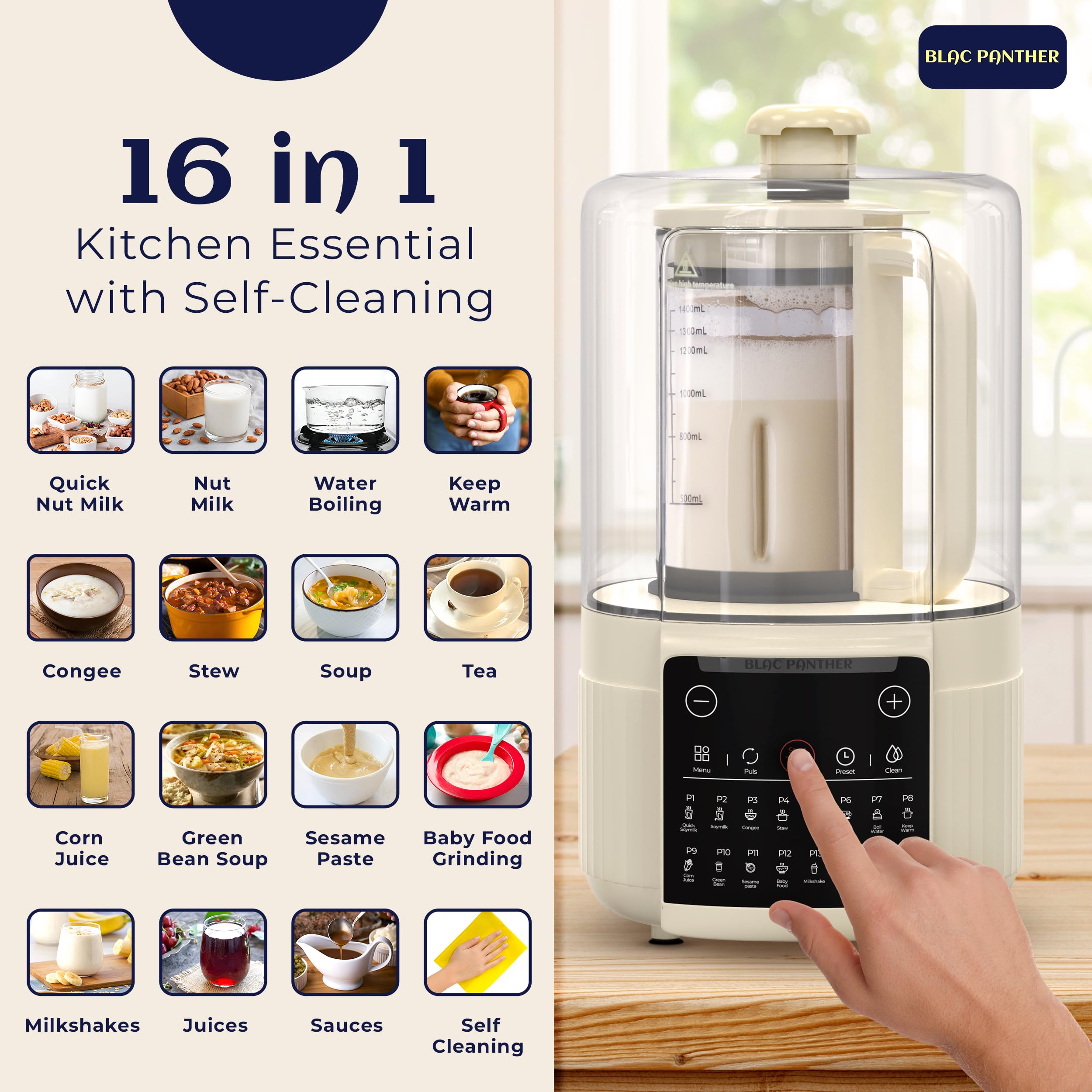 16-in-1 Blender & Nut Milk Maker 50oz - High Speed Soy/Oat Milk Maker, Plant-Based Milk Machine, Milkshake & Soup Blender with 8 Blades | Ultra-Quiet Noise Canceling, Auto Timer & Heat Insulation | Perfect for Vegan Milk, Smoothies, Baby Food & Hot Soups