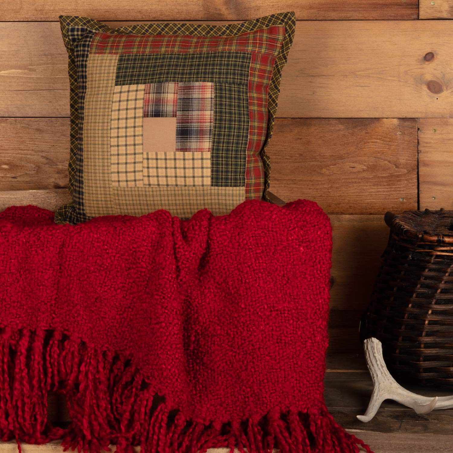Rustic 12x12 Inch Green Patchwork Cotton Pillow Cover - Thanksgiving Home Decor for Bedroom, Living Room & Sofa - Cozy Farmhouse Style Throw Pillow