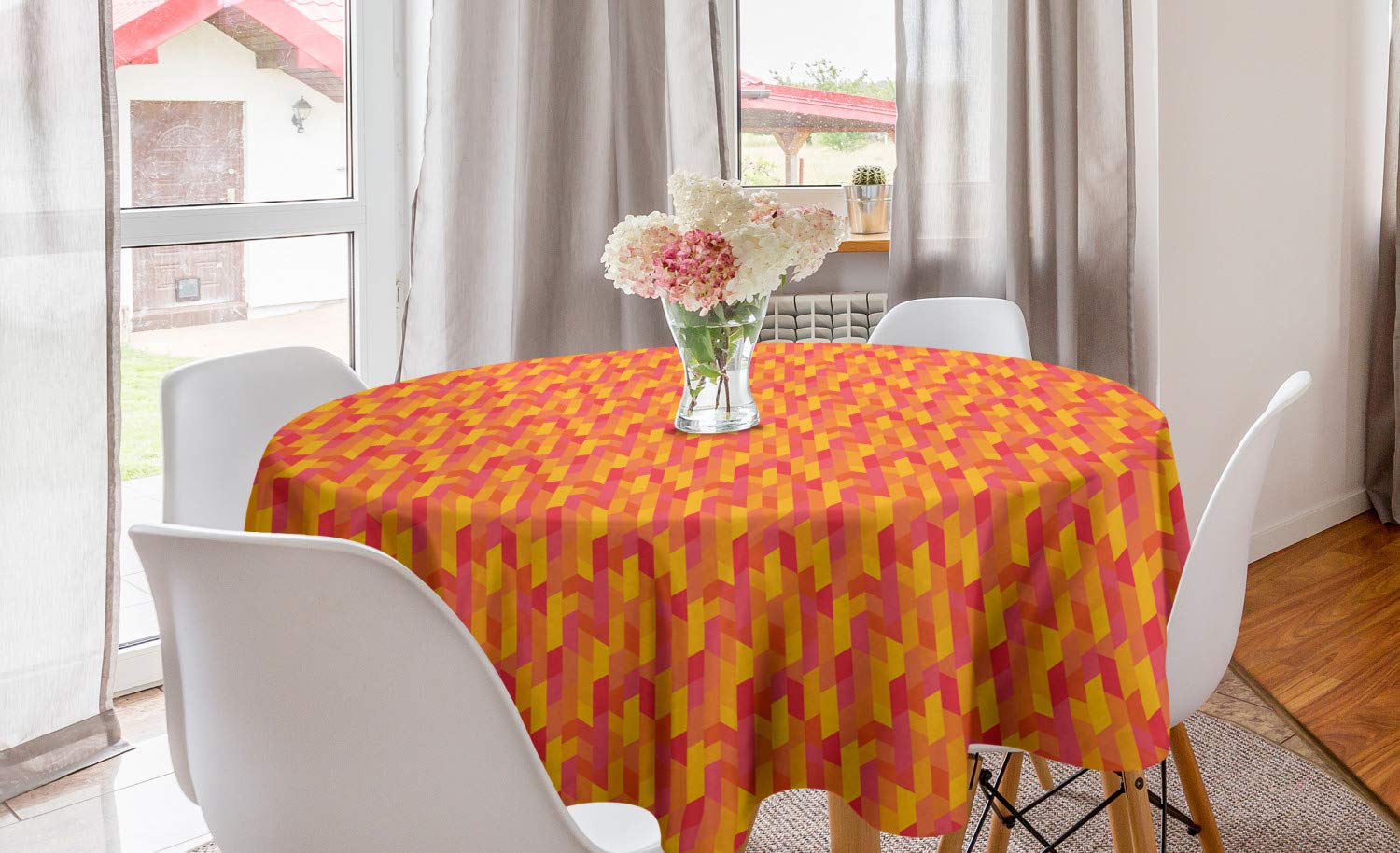 Ambesonne Abstract Round Tablecloth - Geometric Stripes Summer Warm Colors Pattern, 60-Inch Circular Table Cover for Dining Room & Kitchen Decor (Mustard Vermilion Coral) | Perfect for Indoor Outdoor Parties, Picnics & Holiday Gatherings
