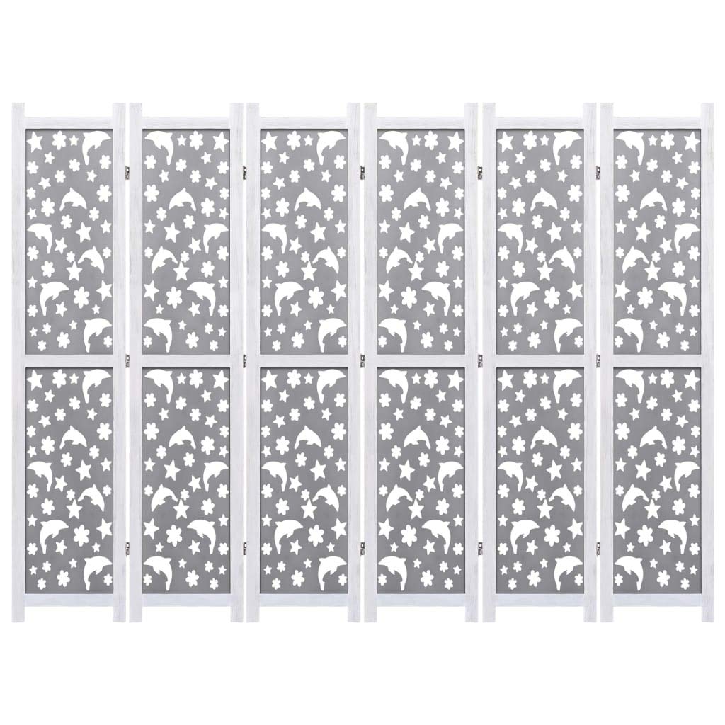 SKM 6-Panel Gray Room Divider Screen - 82.7 x 64.7 Inches Solid Wood Folding Partition for Home Office, Bedroom Privacy & Space Division