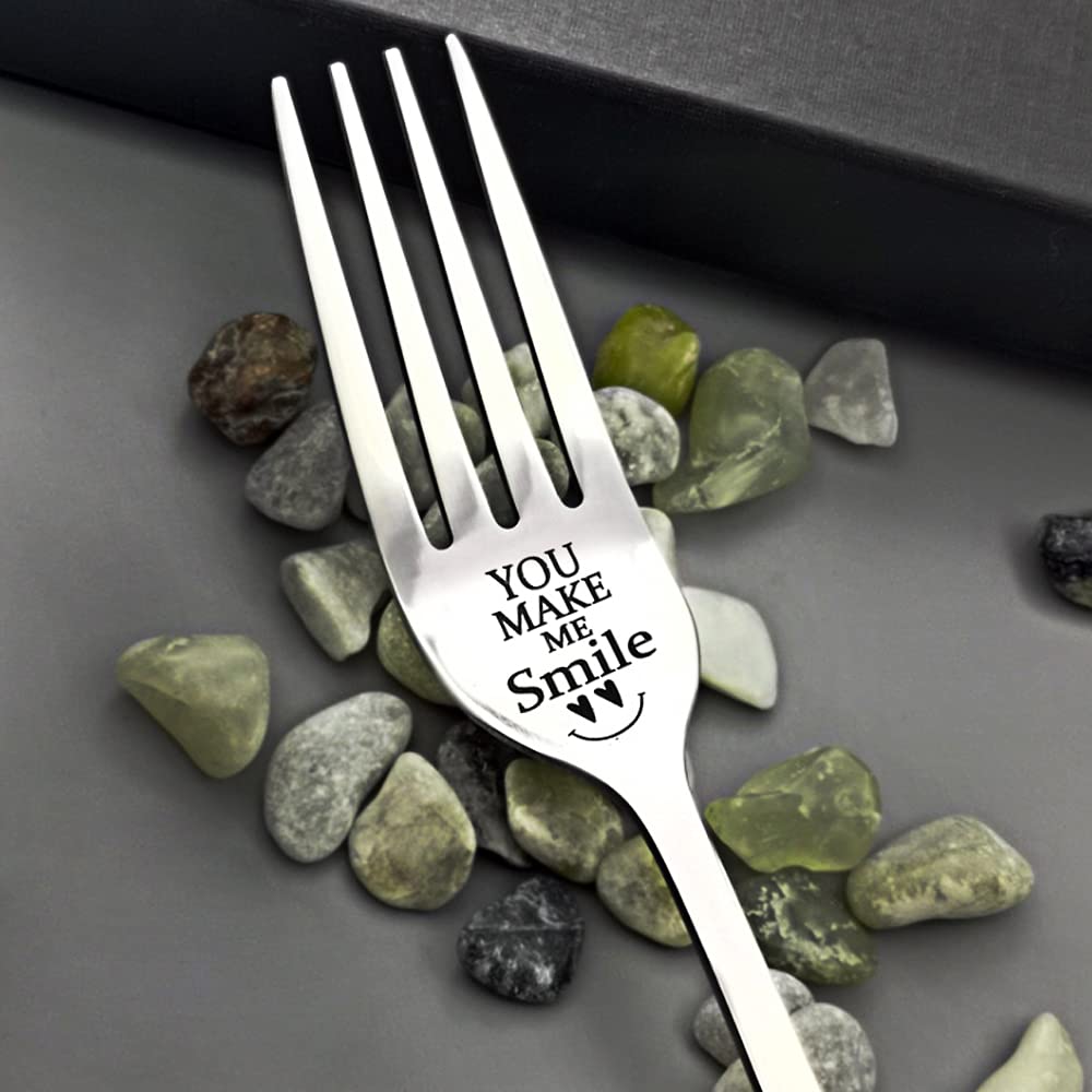 You Make Me Smile Engraved Stainless Steel Dinner Forks - 8 Inch Funny Inspirational Cutlery Set - Perfect Gift for Boyfriend, Girlfriend, Husband, Wife - Great for Weddings, Anniversaries & Valentine's Day - Ideal for Romantic Dinners, Special Occasions & Thoughtful Gift Giving