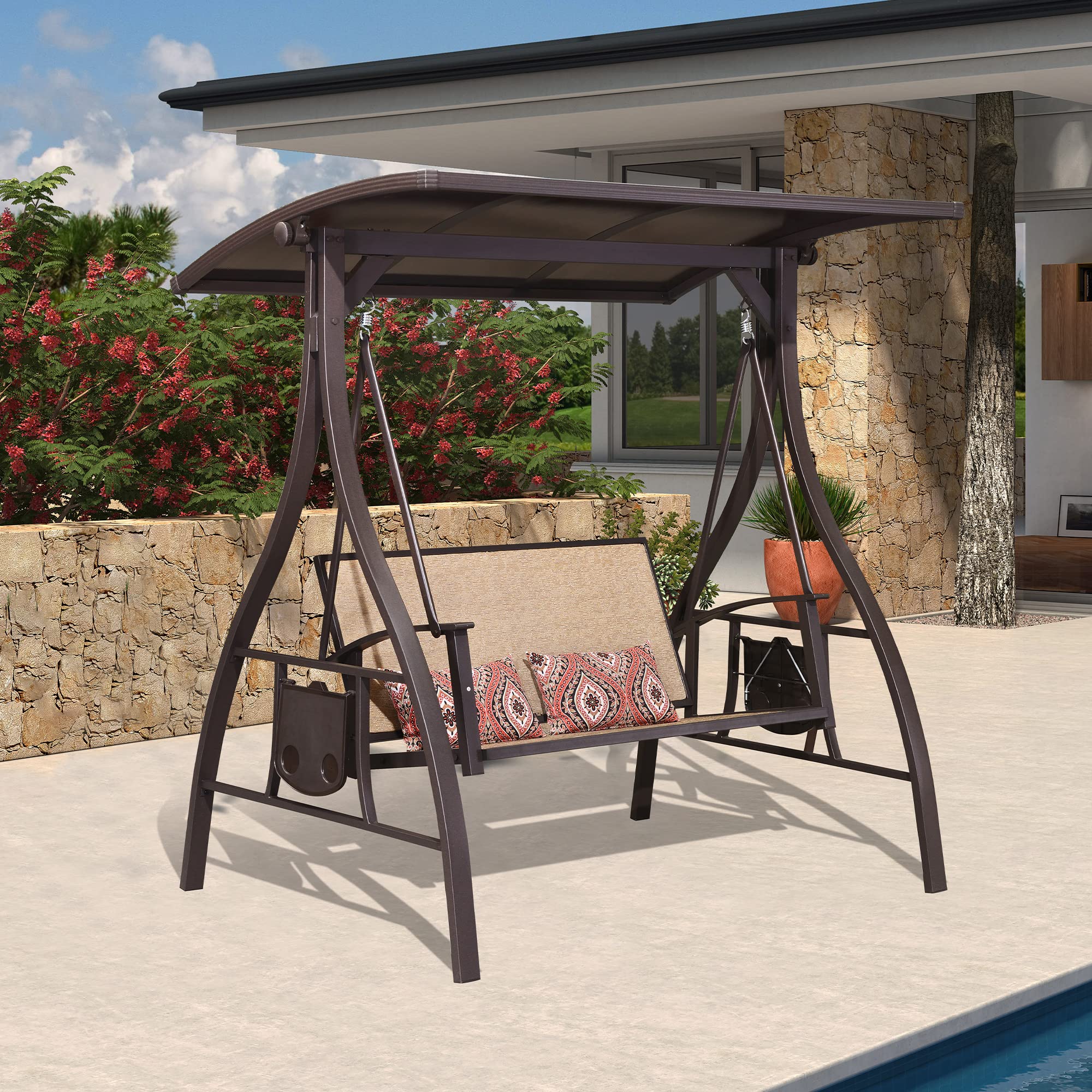 PURPLE LEAF 2-Person Outdoor Patio Swing Chair with Canopy - Textilene Loveseat Glider Bench with Side Table & Cushions - Perfect for Backyard, Porch, Garden Relaxation and Outdoor Lounging