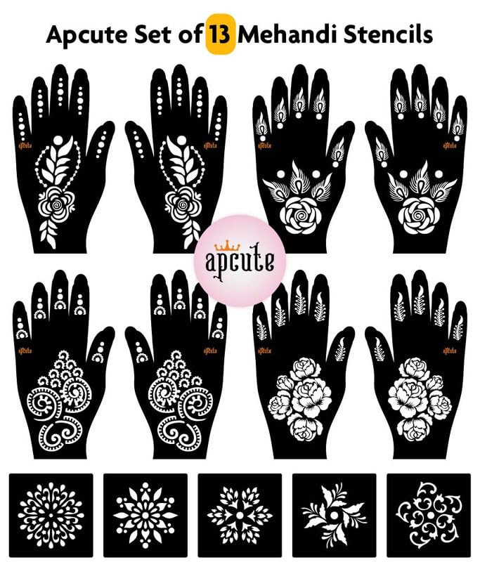 Apcute 13-Piece Mehendi Stencil Kit | Temporary Henna Tattoo Stencils for Full Hand Designs - Easy 4-Step Application for Women & Girls | Perfect for Weddings, Festivals, and Cultural Celebrations