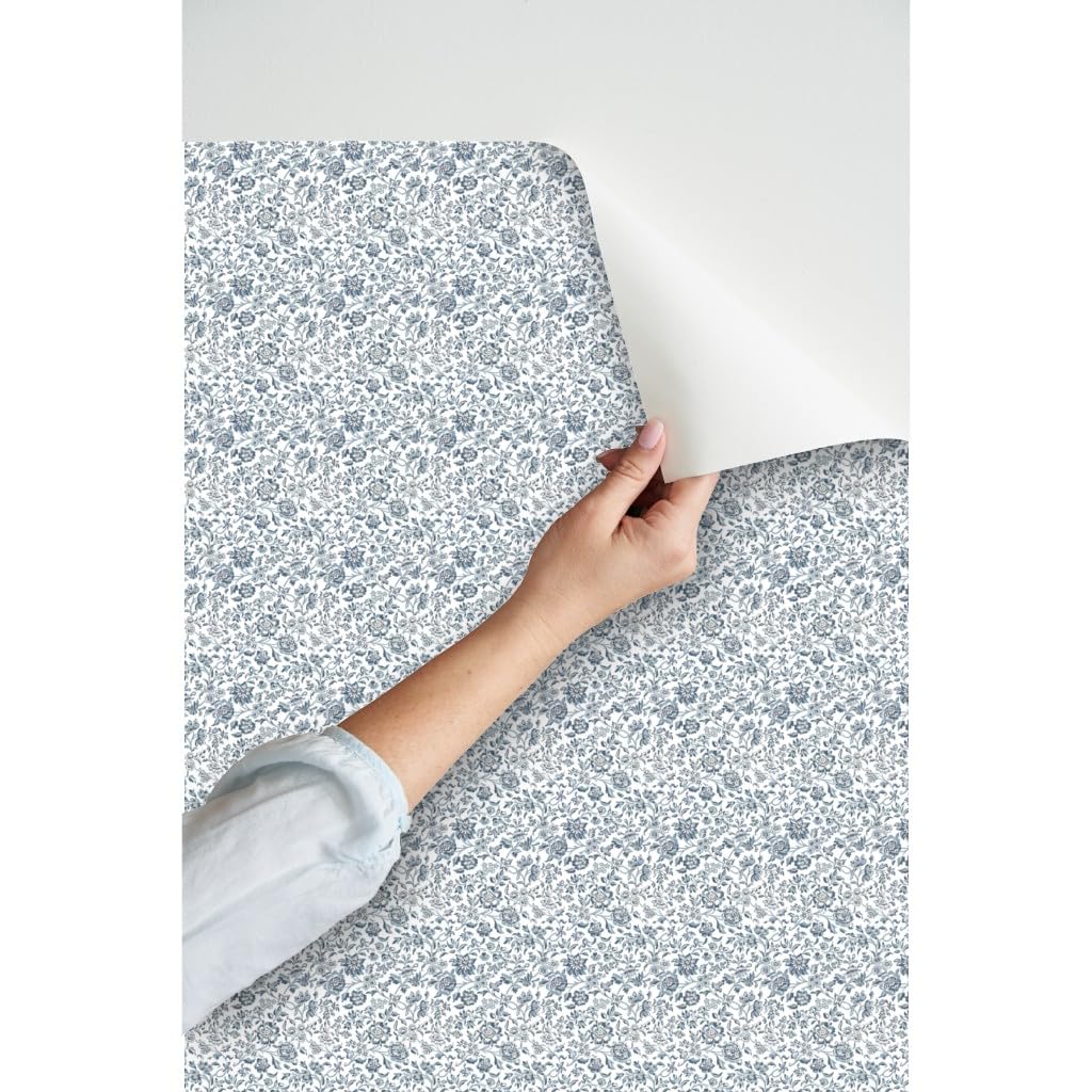 12ft x 2ft Peel & Stick Removable Wallpaper - Blue White Floral Ditsy Print Country Style Home Decor | Perfect for Bedroom, Nursery, Kitchen & DIY Projects