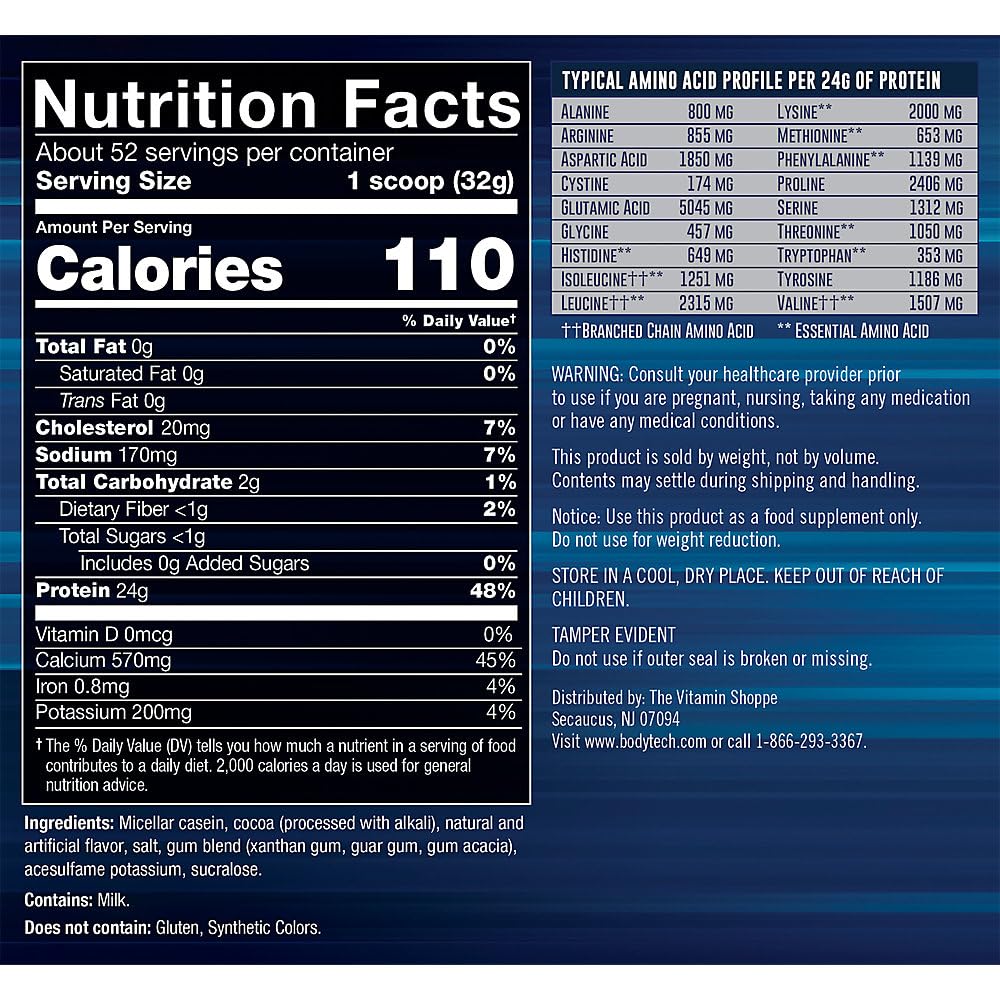 BodyTech Micellar Casein Protein Powder for Overnight Muscle Recovery - Slow Release Protein with 24g per Serving - Rich Chocolate Flavor (4lb) - Ideal for Post-Workout Recovery & Nighttime Muscle Growth
