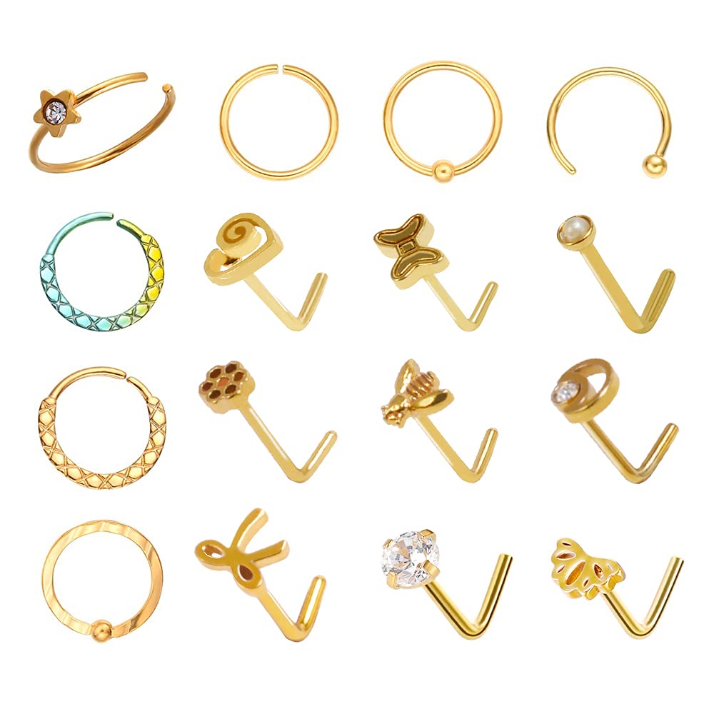 16 PCS 316L Stainless Steel Nose Rings & Studs for Women and Men - Hypoallergenic Body Piercing Jewelry Set with Screw Backings - Perfect for Everyday Wear, Parties and Self-Expression