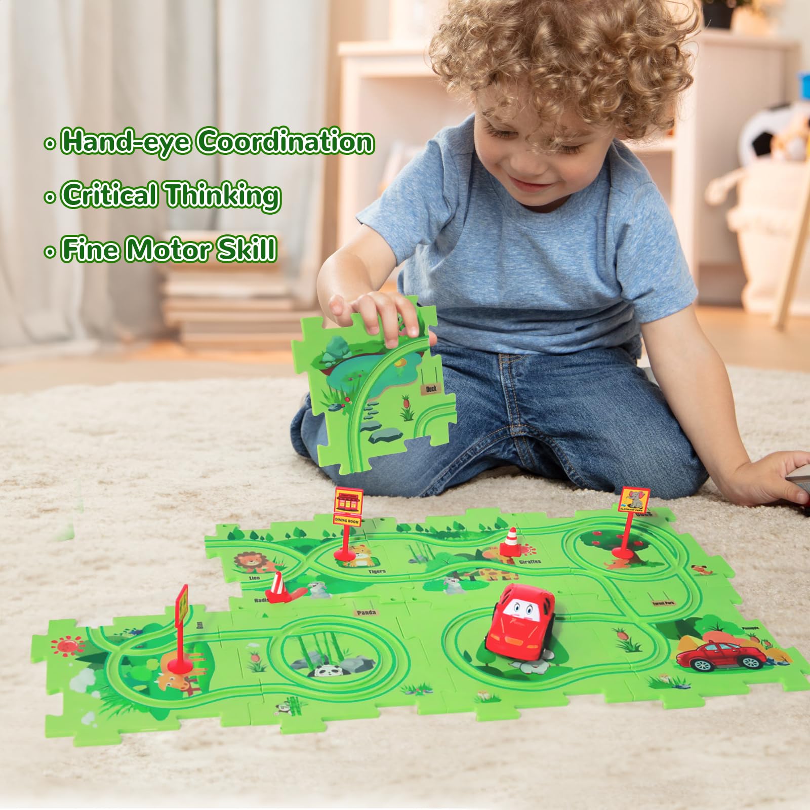 Puzzle Racer Kids Car Track Set - Interactive Plastic Floor Puzzles with Toy Vehicles for Toddlers Ages 2-6 | STEM Learning Toys for Boys & Girls | Perfect Birthday Gift for 3-5 Year Olds | Fun Indoor Play & Early Childhood Development Activity