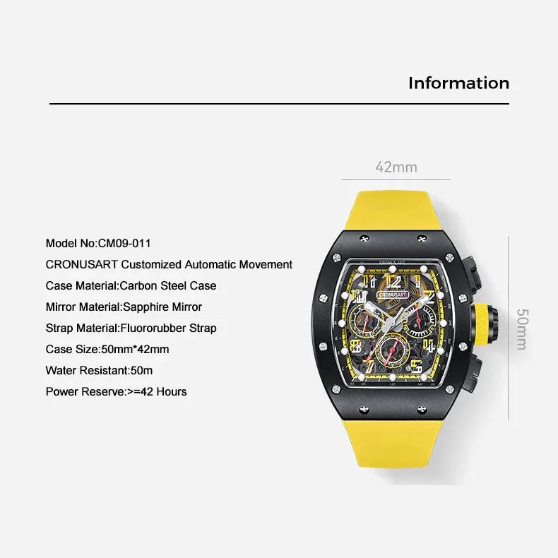 CRONUSART Men's Chronograph Watch - 50mm Tonneau Automatic Mechanical Wristwatch with Luminous Sapphire & Fluororubber Strap - 3 Windows Display - Perfect for Business, Casual & Outdoor Activities