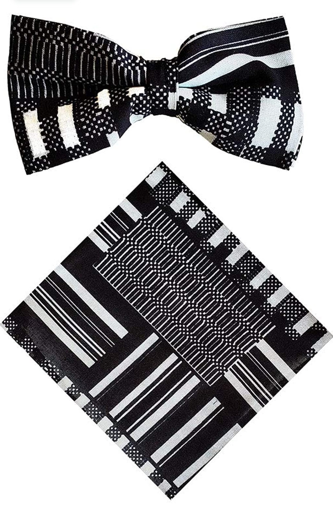 Stylish Black & White Kente African Print Bow Tie with Matching Pocket Square Set | DPB0795BT | Perfect for Weddings, Parties & Cultural Events