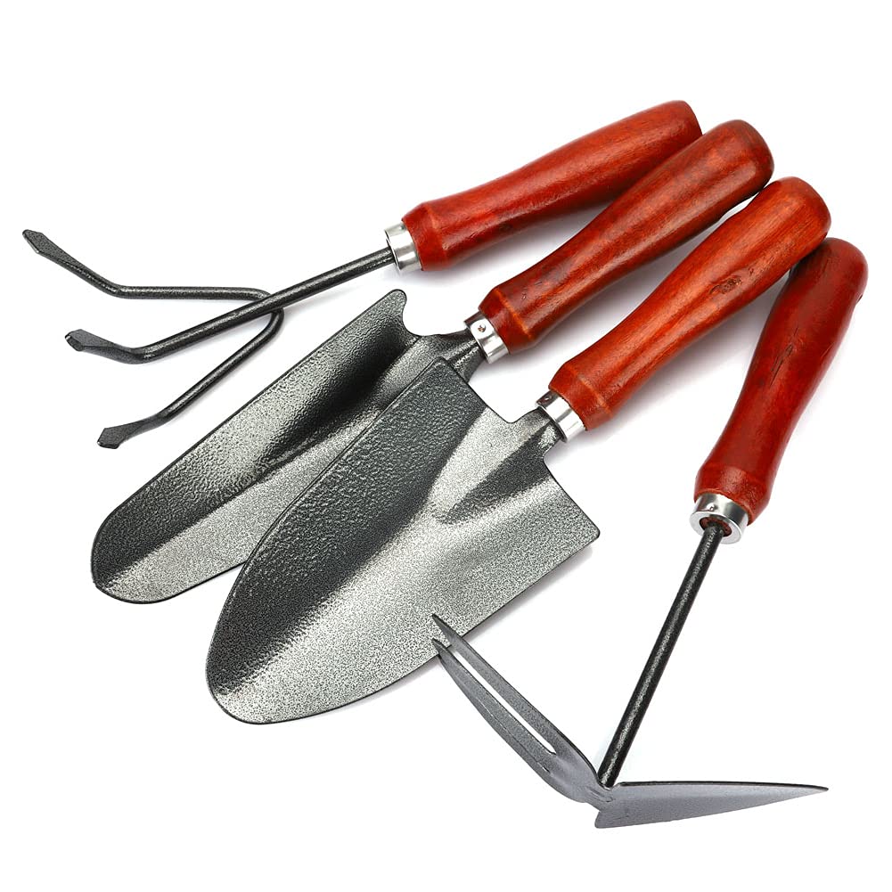 **4-Piece Garden Tool Set with Wooden Handle - Heavy Duty Shovel, Spade, Rake & Trowel for Planting, Weeding & Landscaping - Perfect for Flower Beds, Vegetable Gardens & Outdoor DIY Projects**