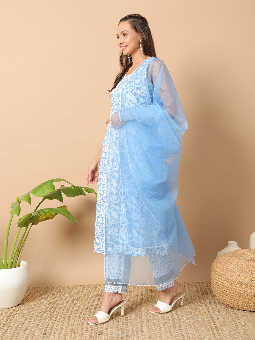 Stylish Blue Cotton Pant Suit with Designer Print - Perfect for Office Wear & Professional Occasions