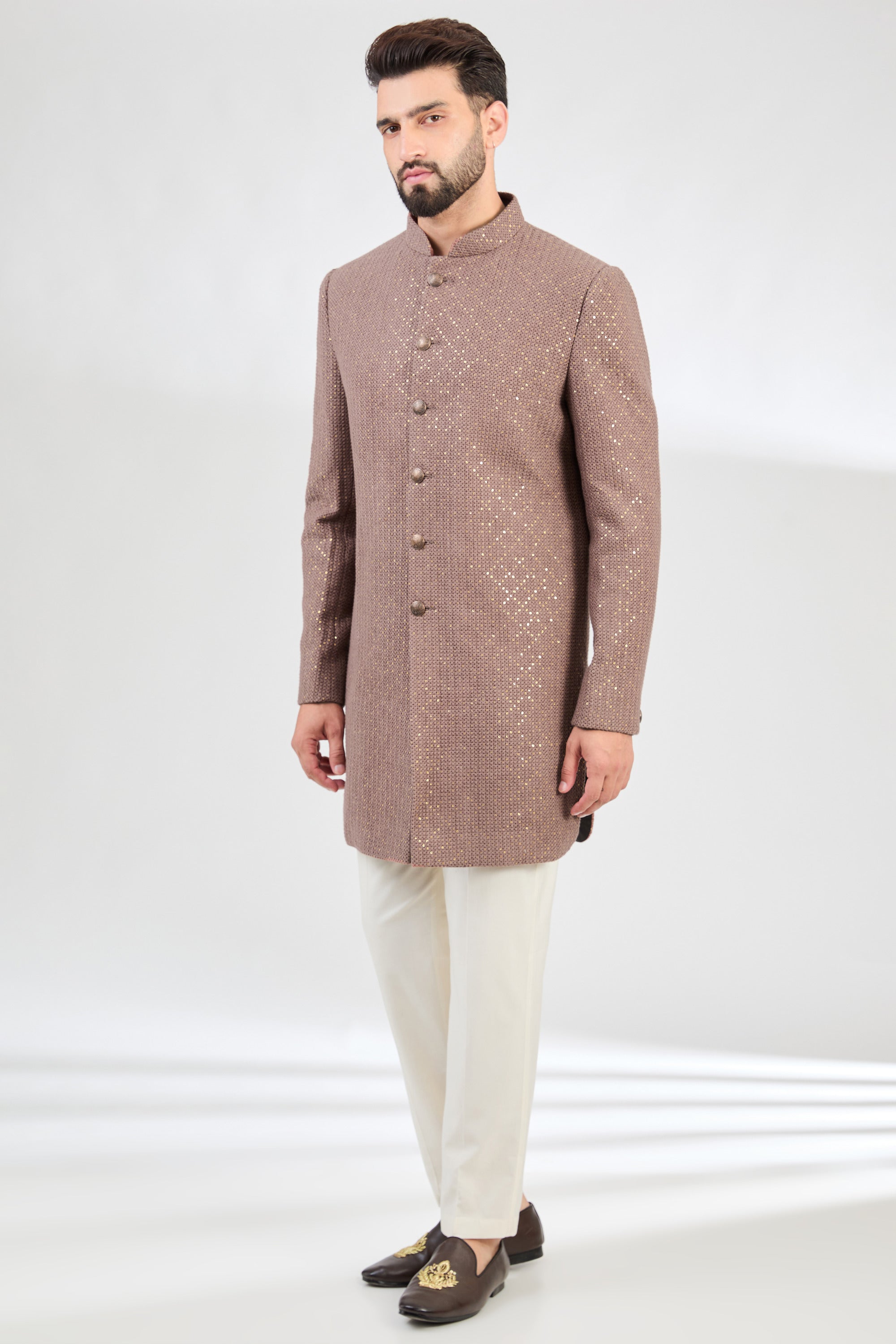 Elegant Mauve Taupe Royal Cut Short Sherwani for Men | Premium Wedding & Festive Attire | Perfect for Indian Weddings, Groom Outfits & Special Occasions