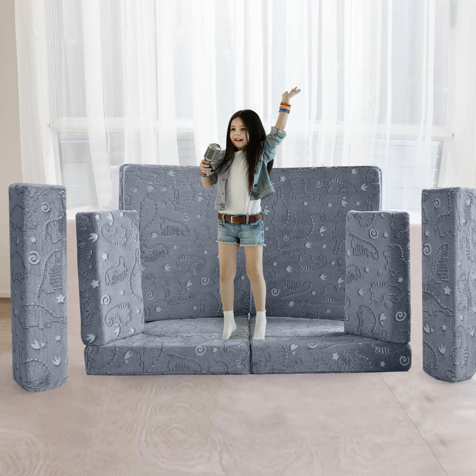 MeMoreCool 10-Piece Modular Kids Play Couch Set - Soft Foldable Sofa for Boys & Girls, Glow-in-The-Dark Dinosaur Design - Perfect for Playroom, Bedroom & Indoor Playtime Activities