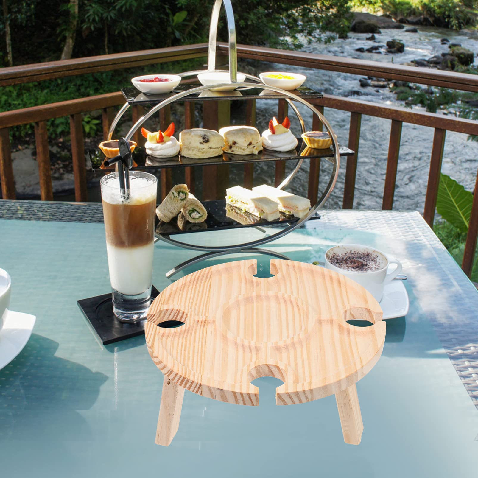 1pc Portable Round Wooden Picnic Table - Outdoor Food Serving Desk, Snack Table, Household Wine & Glass Table for Picnics, Camping, BBQs & Home Entertaining