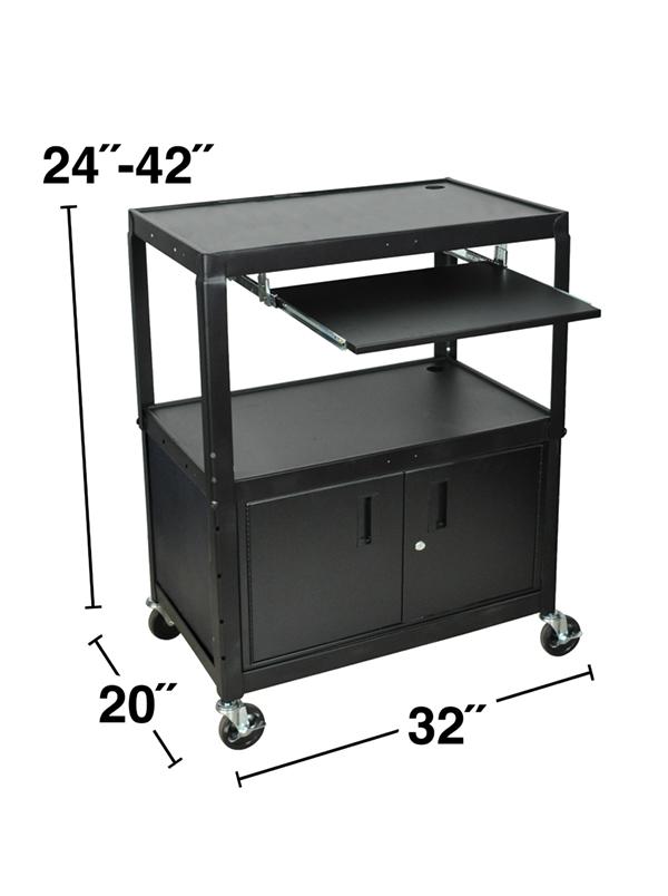Luxor Extra Wide Adjustable Height AV Cart with Keyboard Shelf & Storage Cabinet - Ideal for Classrooms, Offices, and Conference Rooms
