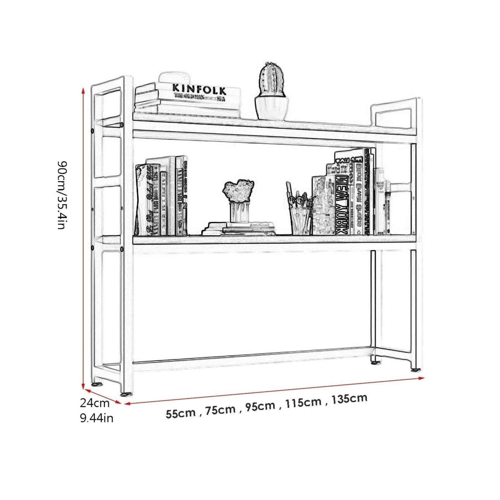 2 Tier Adjustable Desk Bookshelf - Office Desk Shelf Organizer & Printer Stand, Wood & Metal Storage for Home & Office (55 x 24 x 90cm) - Perfect for Workspace Organization, Cubicle Decor & Aesthetic Bookshelf Display