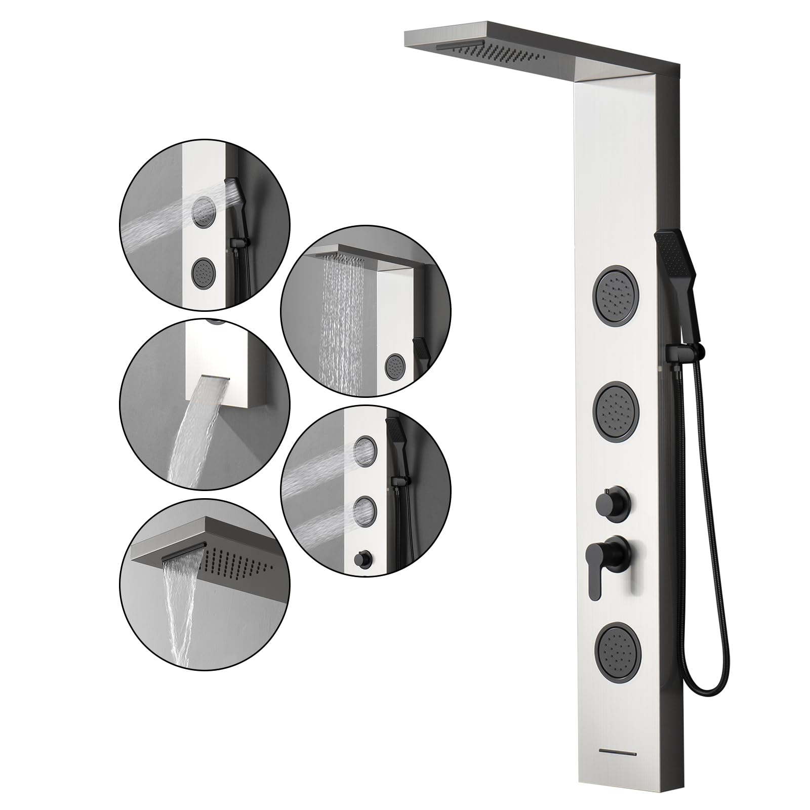 Homevacious 5-in-1 Shower Panel Tower System with Rainfall Shower Head, 3 Body Jets, Handheld Shower & Tub Spout - Modern Brushed Nickel Massage Shower System for Spa-Like Bathroom Experience