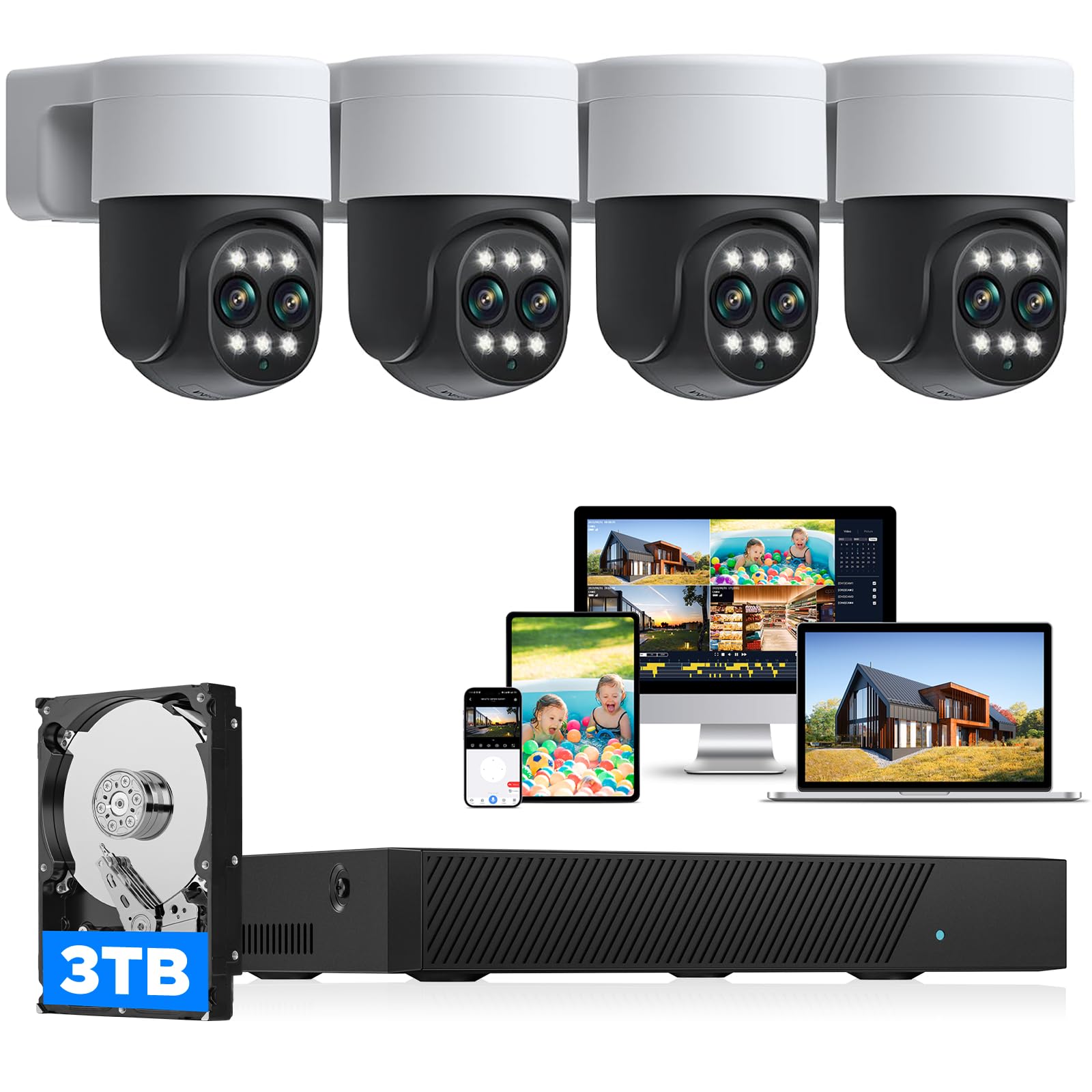 CAMCAMP 4K PoE Security Camera System with 4X 2.5K Dual-Lens Outdoor PTZ Cameras - 10X Hybrid Zoom, Auto Tracking, 2-Way Audio, Color Night Vision, 8CH NVR, 24/7 Recording & 3TB HDD - Ideal for Home, Business & Property Surveillance