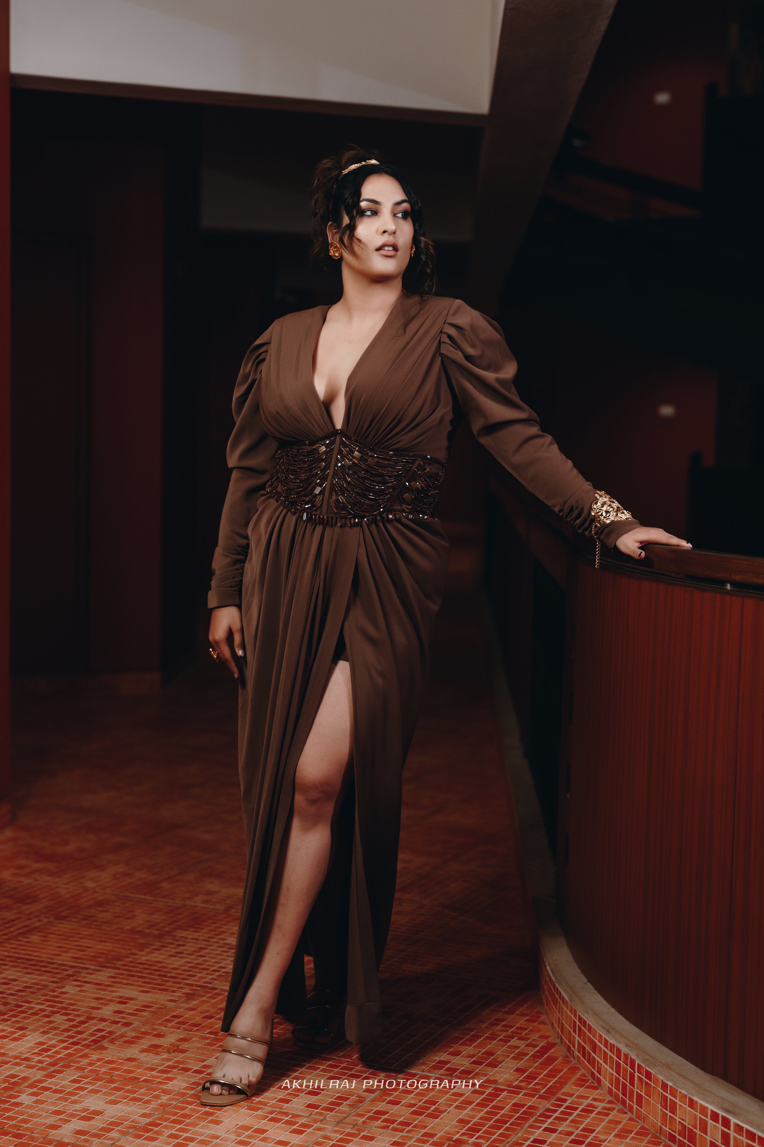 Sakshi Sindhwani Dark Tan Corset Dress with High Slit - Elegant Evening Gown for Parties, Weddings & Special Occasions