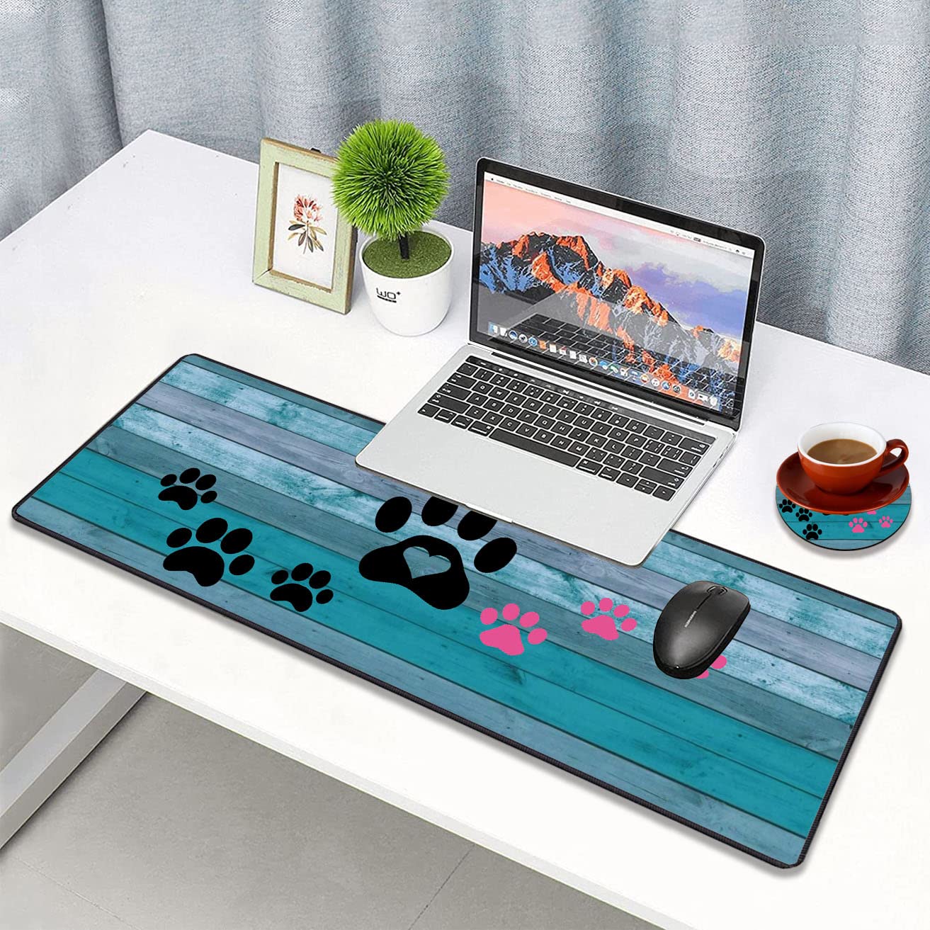 Large Extended Gaming Mouse Pad with Stitched Edges - 31.5x11.8 Inch Non-Slip Desk Mat for Keyboard & Mouse | Durable Work & Gaming Surface with Paw Print Design (Black/Pink) - Perfect for Home Office, PC Gaming & Workspace Setup