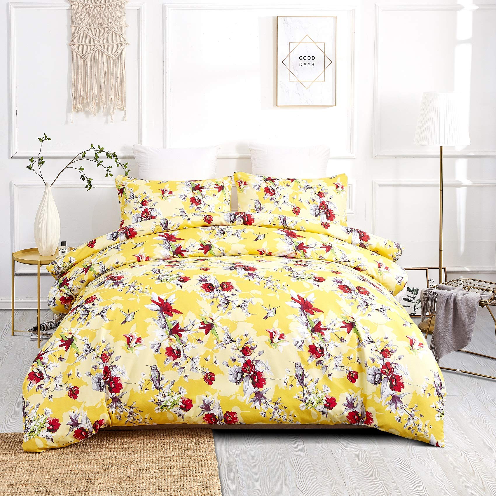 DaDalogy 9-Piece King Size Bedding Set - Yellow Hummingbird Botanical Duvet Cover, Fitted Sheet, Flat Sheet & Pillowcases with Window Curtain Valances | Soft Luxury Bed Sheets for Master Bedroom, Guest Room & Vacation Homes
