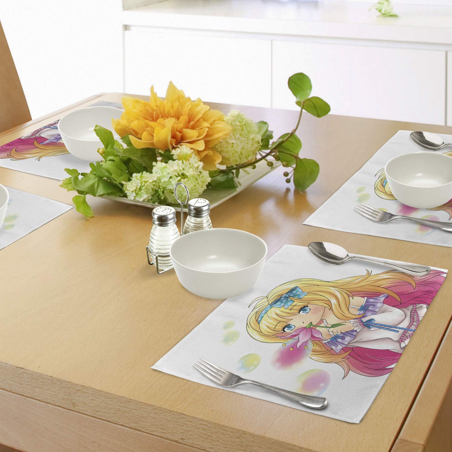 Ambesonne Anime Place Mats Set of 4 - Japanese Manga Girl Blowing Bubbles from Flower Cartoon Art Print, Washable Fabric Dining Table Mats for Kitchen & Home Decor in Pink & Yellow - Perfect for Anime Lovers, Dinner Parties, and Themed Decorations