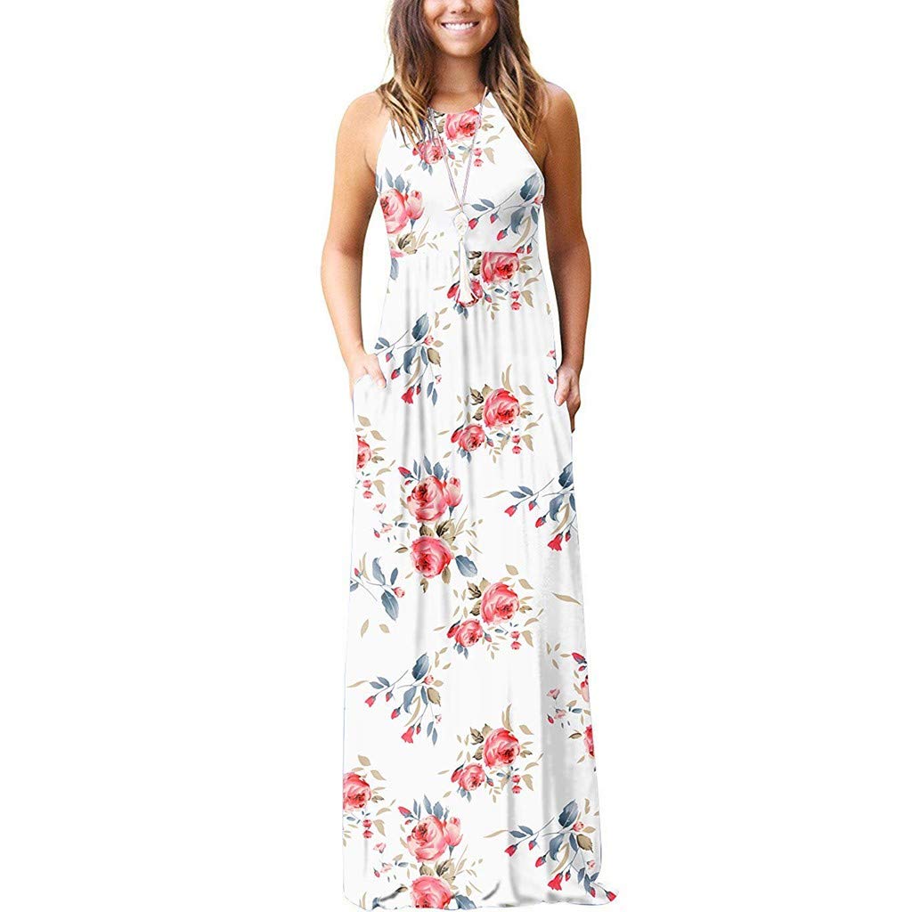 Women's Summer Maxi Dress - Sleeveless Floral Casual Long Dress with Pockets | Loose Fit Plain Design for Beach, Vacation & Everyday Wear