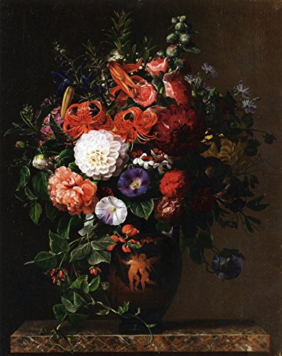 Johan Laurentz Jensen Greek Figure Vase Floral Art - 20x25 Inch Premium Canvas Print of Lilies, Peonies, Violets & Roses on Marble Pedestal - Perfect for Living Room, Bedroom or Office Wall Decor