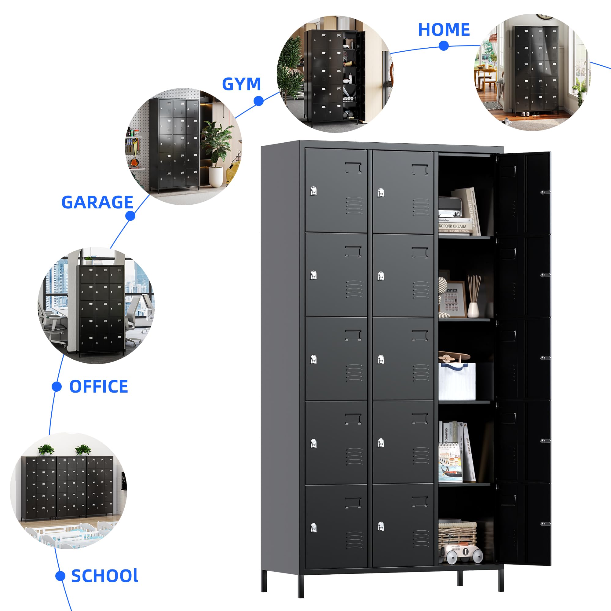 METAN 15-Door Black Steel Storage Locker Cabinet - Heavy Duty Metal Locker for School, Office, Gym, Bedroom & Industrial Use - Employee Storage Locker with Easy Assembly - Perfect for Organization in Classrooms, Workplaces & Fitness Centers