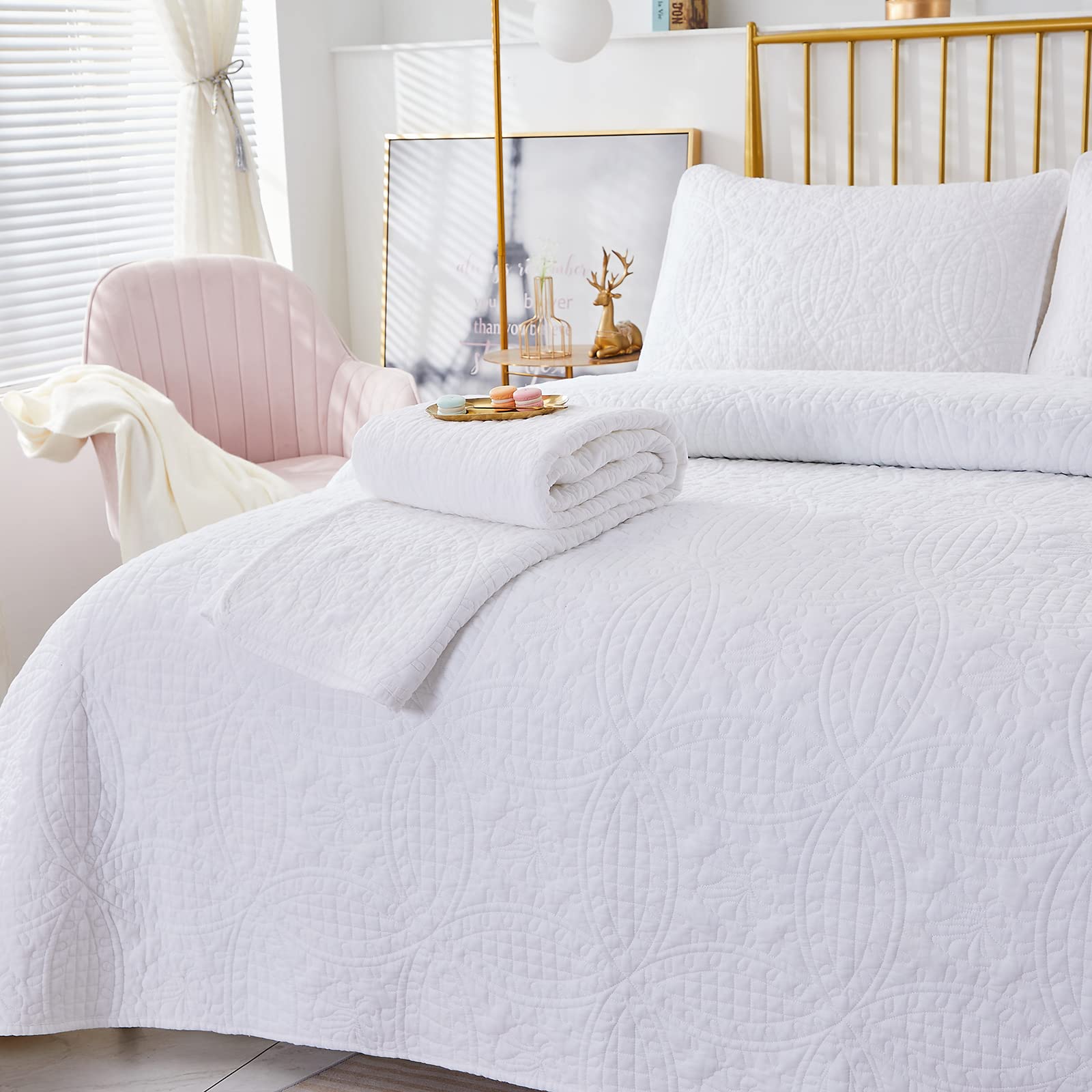 Brandream White King Size Cotton Quilt Set - Luxury Matelasse Bedding Coverlet with Elegant Clover Stitching, 3-Piece Bedspread Set for Master Bedroom, Guest Room & Hotel Decor