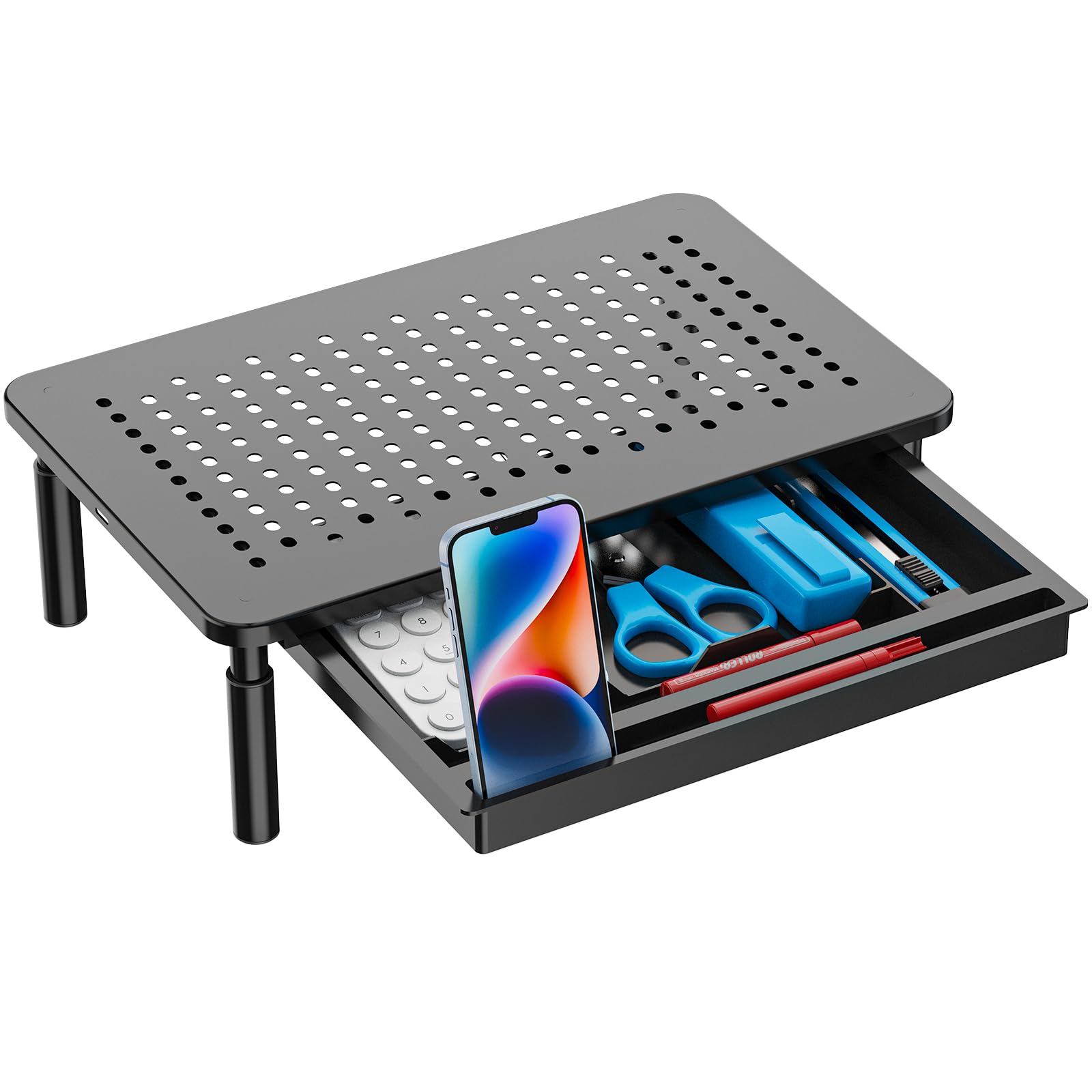 WALI Adjustable Monitor Stand with Storage - 3 Height Settings, Laptop Riser with Airflow Vents, Desk Organizer for Computer, Printer & Notebook (STT003D-B) - Perfect for Home Office, Gaming Setup & Workspace Organization (Black, 1 Pack)