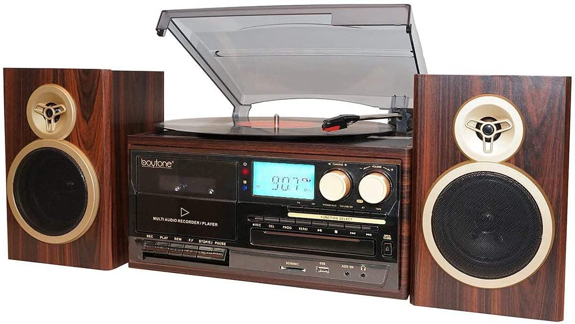 Boytone BT-28SPM 复古蓝牙黑胶唱机 - 带AM/FM收音机、CD/磁带播放器、独立立体声扬声器，支持黑胶、收音机、磁带转录，认证翻新，适合家庭娱乐和复古音乐爱好者