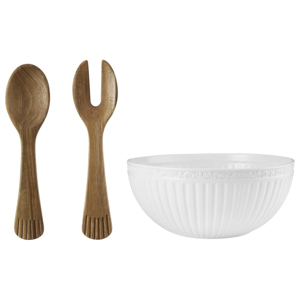 Italian Countryside® Ceramic Salad Bowl Set with Wooden Serving Utensils - Perfect for Dinner Parties, Picnics & Family Gatherings