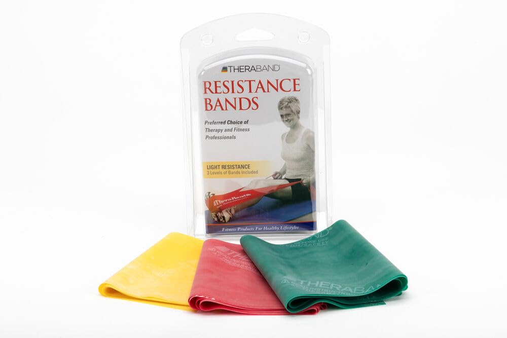 THERABAND Resistance Band Set - 5 Foot Professional Elastic Bands for Upper & Lower Body Workouts, Core Exercise, Physical Therapy, Pilates & Home Fitness - Yellow, Red & Green (Beginner Friendly) - Perfect for Home Gym, Physical Rehab & Strength Training