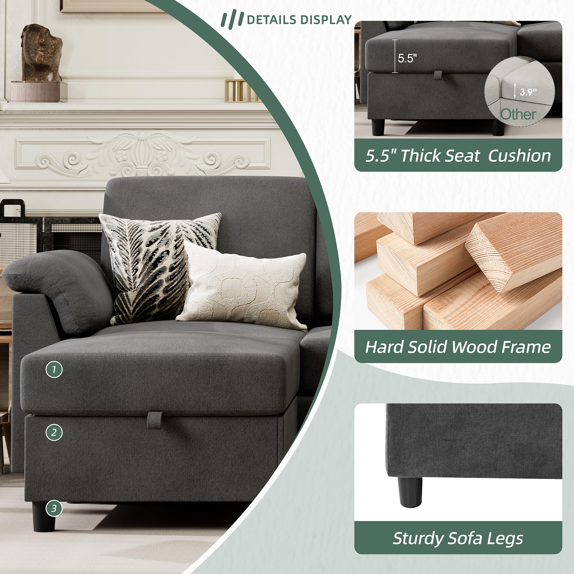 Vongrasig Convertible Sectional Couch - 3-Seat L-Shaped Sofa with Removable Pillows, Mid-Century Modern Linen Fabric Small Couch for Living Room, Apartment & Office (BK) | Perfect for Small Spaces, Movie Nights & Cozy Gatherings