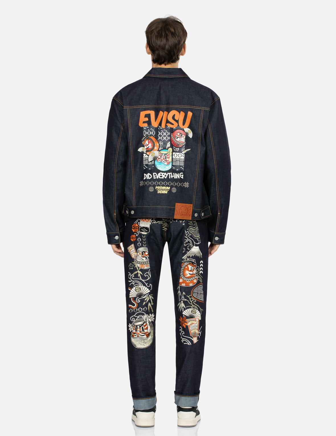 Kumadori Daruma Print Relax Fit Denim Jacket - Stylish Japanese Streetwear for Men & Women | Perfect for Casual Outfits, Festivals & Urban Fashion