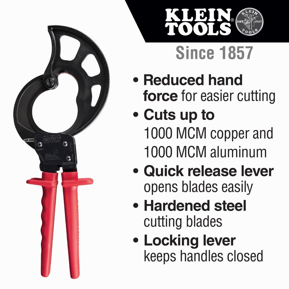Klein Tools 63750 Ratcheting Cable Cutter - Professional 1000 MCM Wire Cutting Tool for Electricians | Perfect for Cable Preparation & Electrical Installations