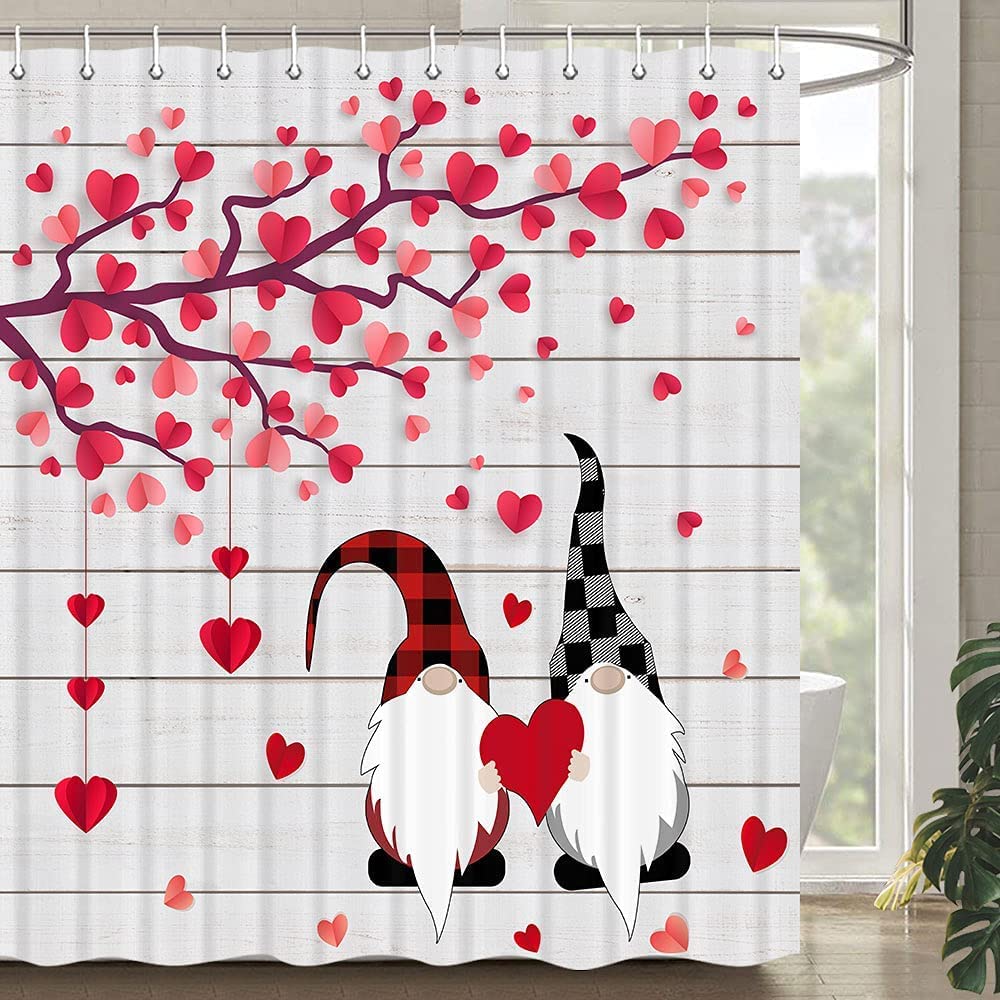 Valentine's Day Shower Curtain Set - 70x70 Inch Red Heart Tree Design with Rustic Gnome & Fabric Hooks - Romantic Bathroom Decor for Couples Gift, Anniversary or Wedding Shower