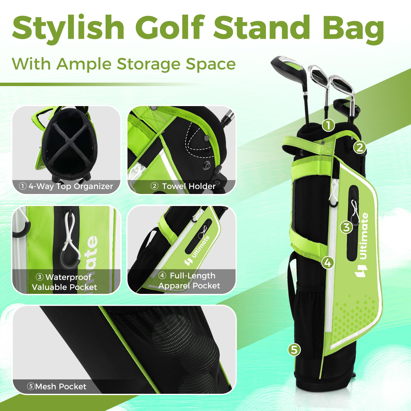 **Goplus Junior Complete Golf Club Set for Kids Ages 5-13 - Right Hand Golf Clubs with Stand Bag, Rain Hood - Perfect for Boys & Girls Learning Golf at Home, School, or Driving Range**