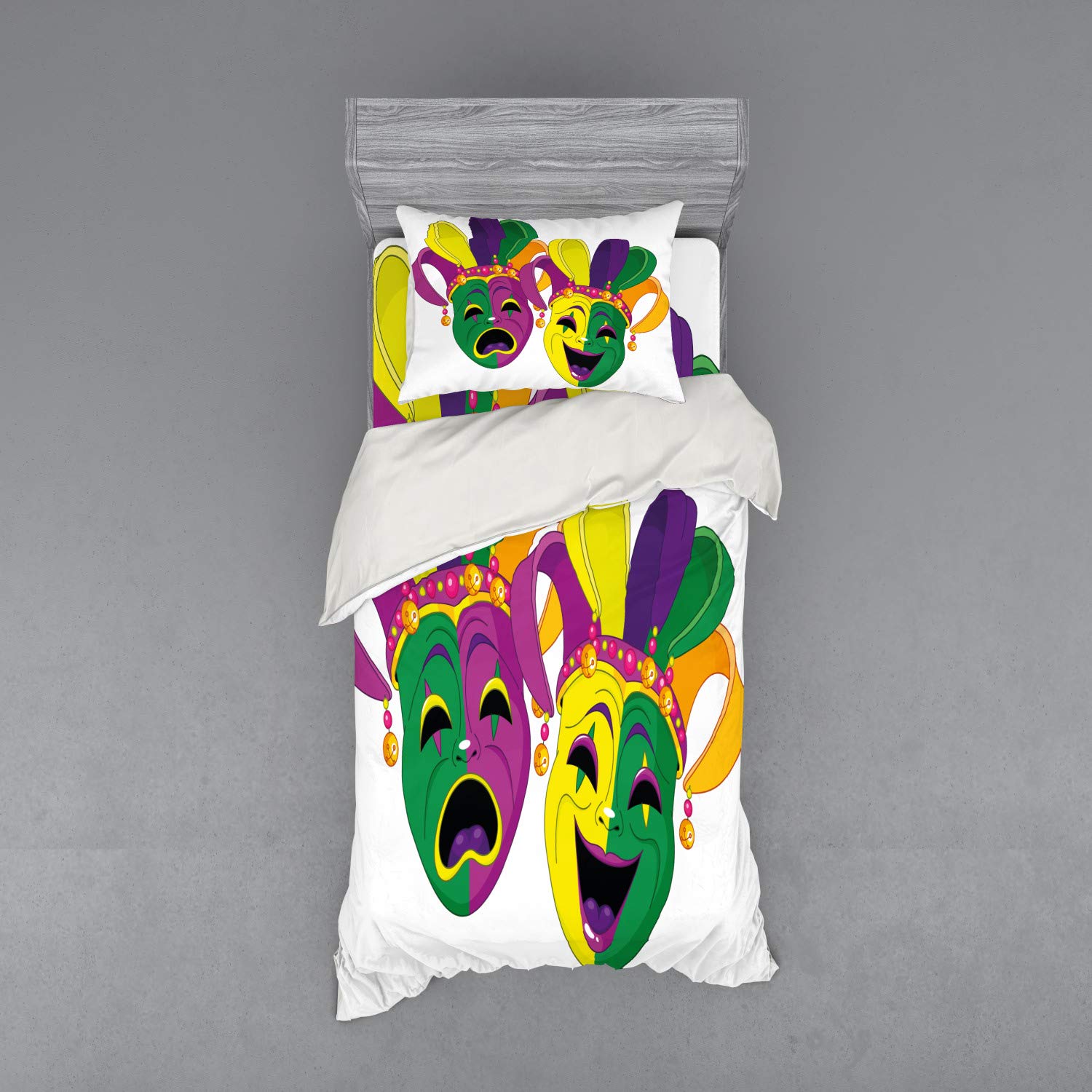 Ambesonne Mardi Gras Bedding Set - 3 Piece Duvet Cover with Sham & Fitted Sheet, Twin XL Size, Vibrant Multicolor Masquerade Design for Festival Celebration | Perfect for Themed Parties, Guest Rooms & Carnival Decor