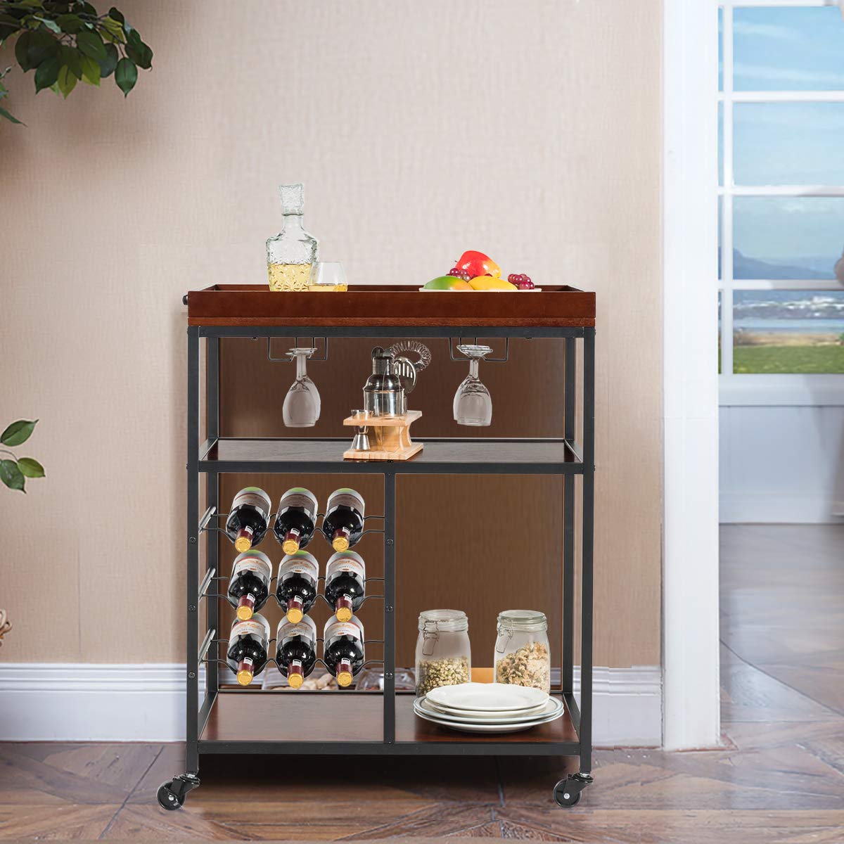 Giantex 3-Tier Rolling Kitchen Island Cart with Wine Rack & Glasses Holder - Industrial Style Serving Cart, Utility Cart with Metal Frame & Casters, Rustic Brown - Perfect for Small Kitchens, Dining Rooms & Home Bars