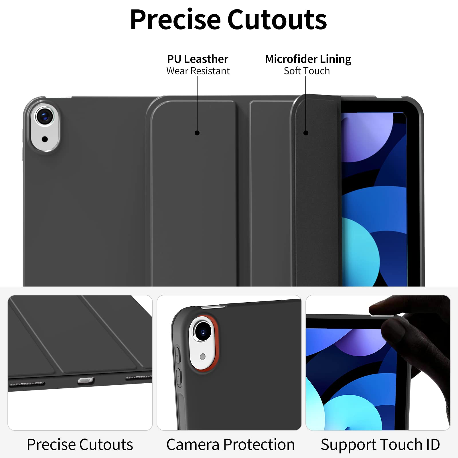 Premium Slim Trifold Stand Case for iPad Air 5th/4th Gen 10.9 Inch (2022/2020 Models) - Auto Wake/Sleep, 2nd Gen Pencil Charging, Soft TPU Back Cover - Perfect for Work, Study & Travel - Black