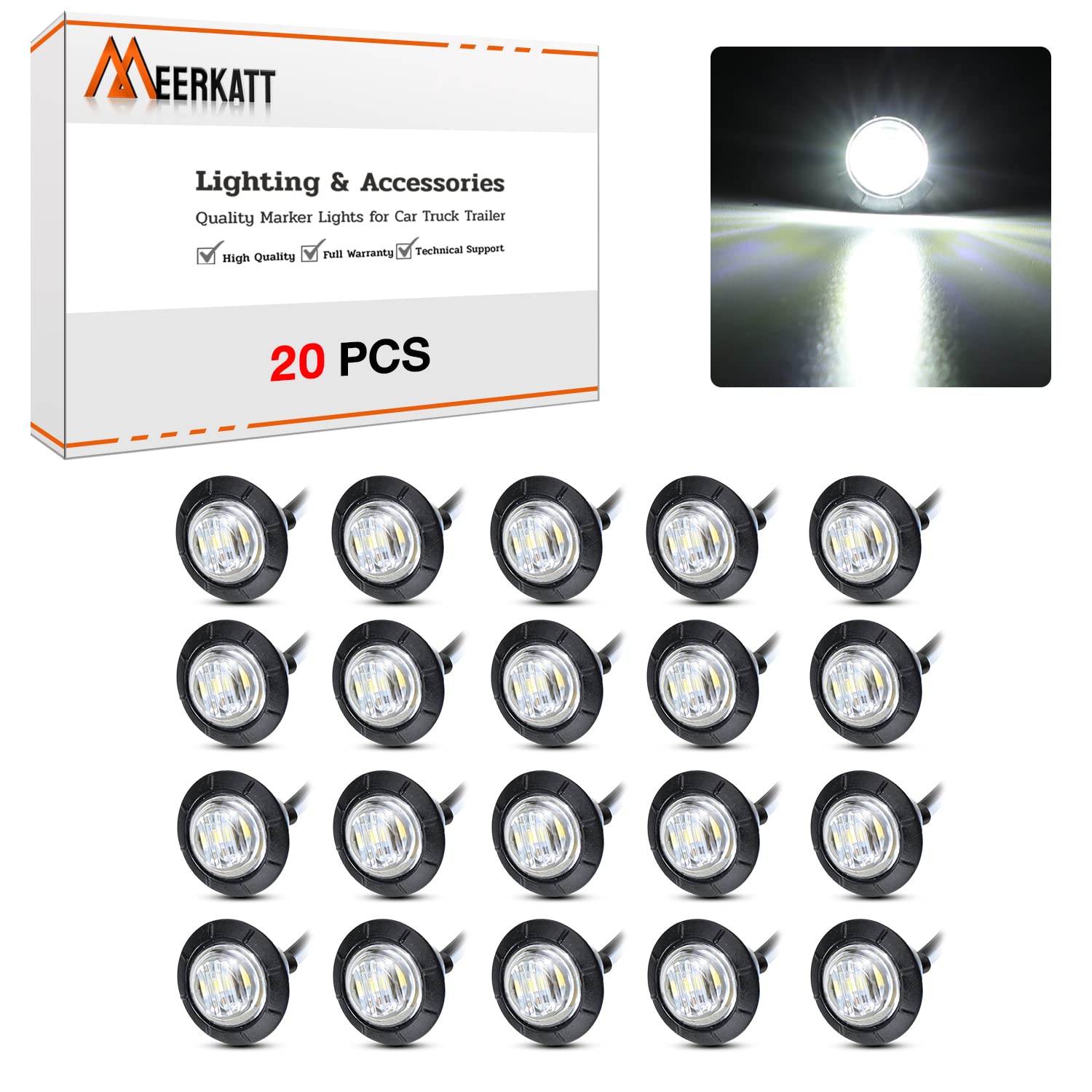 20Pcs 3/4 Inch Round White 3-LED Bullet Marker Lights - Waterproof LED Clearance Lights for Trailer, Truck, RV, Car, Bus, Van, Pickup, ATV, Boat, Caravan - Perfect for Night Driving & Road Safety