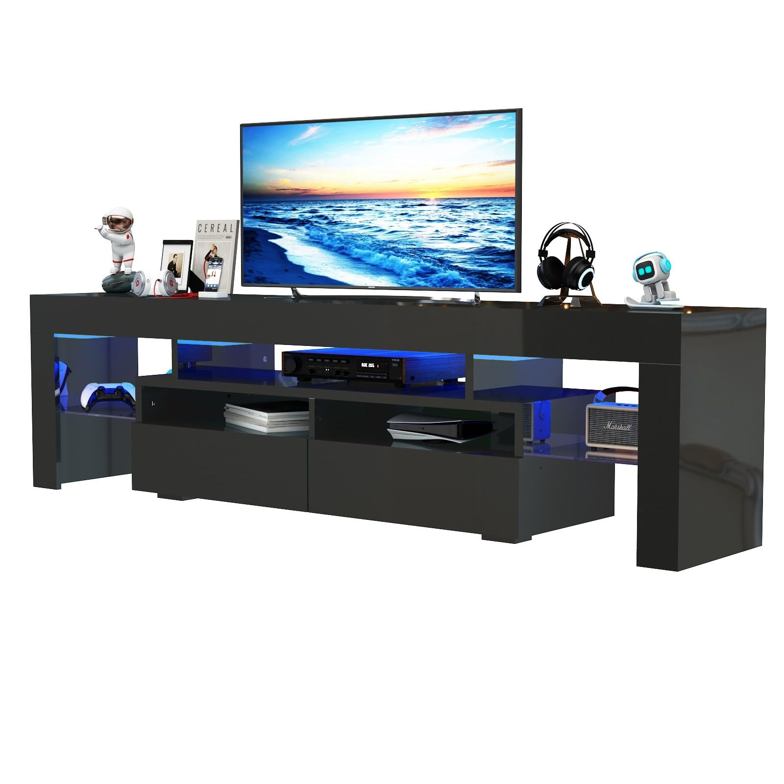 St.Mandyu 65/75/85 Inch LED TV Stand - Modern High Glossy Entertainment Center with Drawer & LED Lights - TV Media Console for Living Room, Game Room & Bedroom - Perfect for Movie Nights & Gaming Setup (Black)