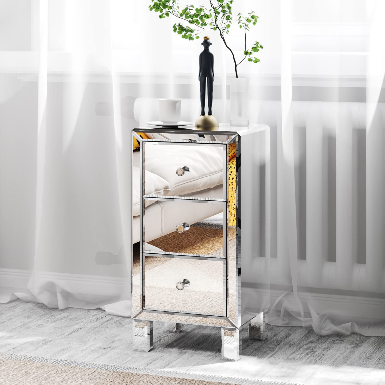 Bonnlo 3-Drawer Mirrored Nightstand - Silver Bedside Table with Storage for Bedroom & Living Room, 11.7