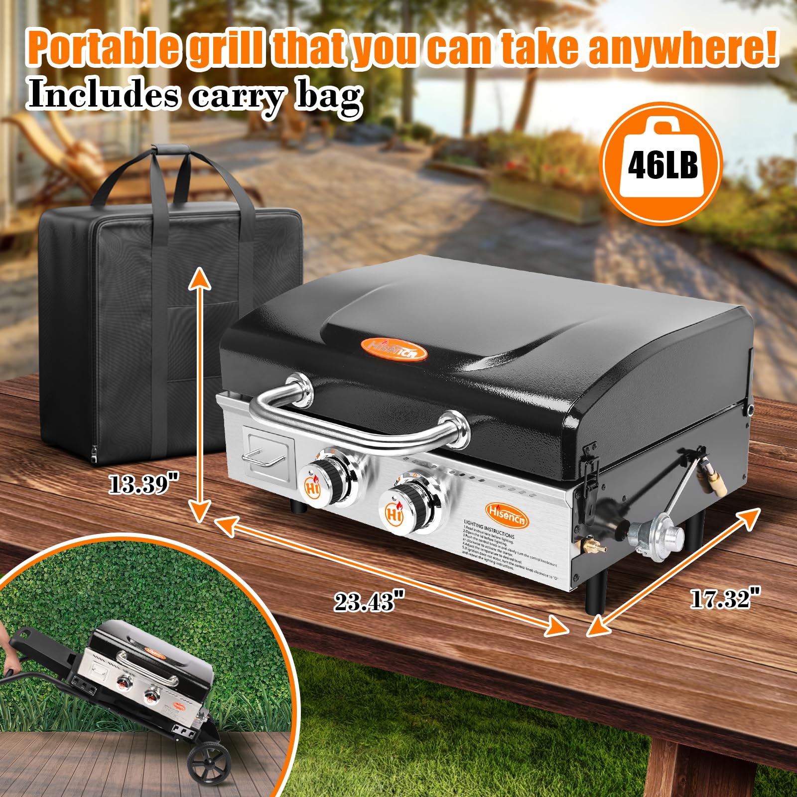 Hisencn 22 Inch Nonstick Camping Griddle - 369 sq. in. Cooking Surface, 24000 BTUs, Portable Outdoor Griddle for Gas Grill with Hood & Carry Bag - Perfect for Tailgating, RV, Camping, Picnics & Backyard BBQs