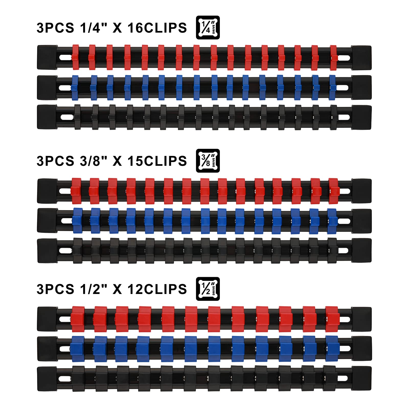 Premium 9-Piece ABS Socket Organizer Rail Set - 1/4