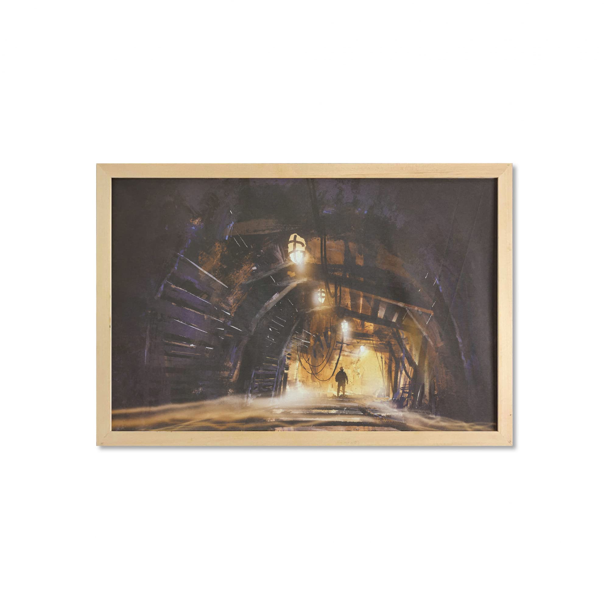Ambesonne Fantasy Wall Art with Frame - Underground Mine Tunnel Dark Rocky Abandoned Mysterious Printed Fabric Poster 35